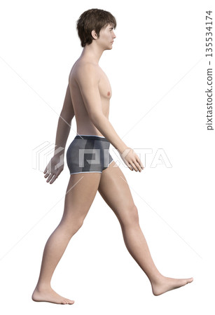 一個穿著內褲的男人揮著手，快步走著，全身側向的3D插圖。 135534174