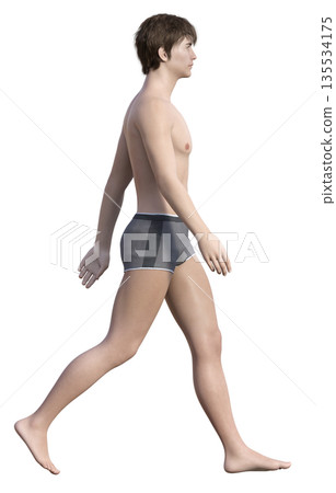 3D illustration of a man in underwear walking briskly with correct posture, full body sideways 135534175
