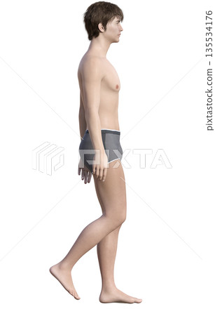 身穿內褲的男子以正確姿勢站立的3D插圖,全身側身像 身穿內褲的男子以正確姿勢站立的3D插圖,全身側身像 135534176