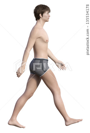 一個穿著內褲的男人側身行走,雙手揮舞,3D 插圖。 一個穿著內褲的男人側身行走,雙手揮舞,3D 插圖。 135534178