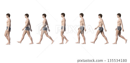一個男人穿著內褲行走的3D插圖,全身側視圖 一個男人穿著內褲行走的3D插圖,全身側視圖 135534180