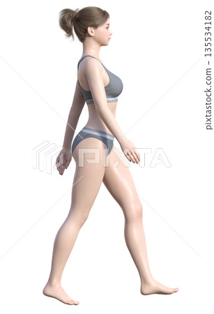 一位身著內衣、姿態端正行走的女性的3D插圖,全身側視圖 一位身著內衣、姿態端正行走的女性的3D插圖,全身側視圖 135534182