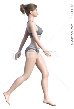 一位身著內衣的女性快速行走的3D插圖，全身側向。 135534183