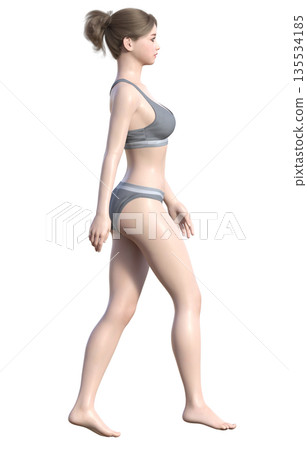一位身著內衣的女性開始行走的3D插圖,全身側向。 一位身著內衣的女性開始行走的3D插圖,全身側向。 135534185