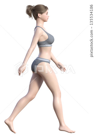 3D illustration of a woman in underwear walking with her legs spread apart, full body sideways 3D illustration of a woman in underwear walking with her legs spread apart, full body sideways 135534186