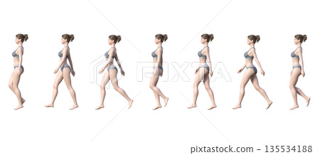 一組3D插圖,描繪了一位身穿內衣的女性行走,全身側身像。 一組3D插圖,描繪了一位身穿內衣的女性行走,全身側身像。 135534188