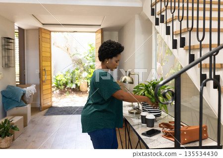 African American man adjusting potted plant on console table in foyer with coffee cups, copy space African American man adjusting potted plant on console table in foyer with coffee cups, copy space 135534430