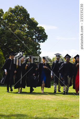 Graduating students in caps and gowns walking joyfully on campus lawn Graduating students in caps and gowns walking joyfully on campus lawn 135535230