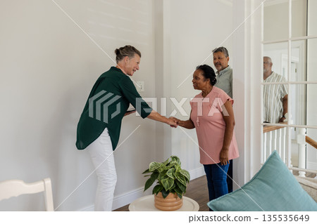 Senior woman greeting guests at home, smiling and shaking hands warmly 135535649
