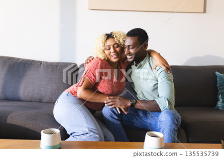 Couple sitting on sofa, embracing and smiling, enjoying quality time together Couple sitting on sofa, embracing and smiling, enjoying quality time together 135535739