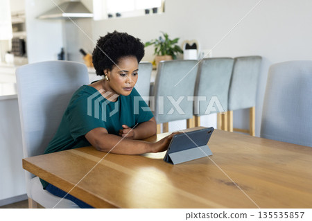 African American woman using tablet at home, concentrating on work 135535857