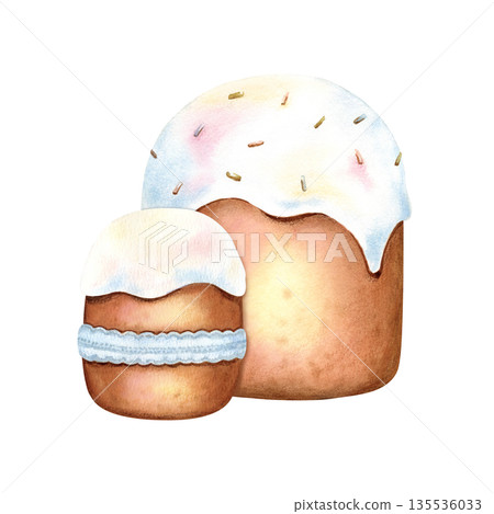 Traditional Easter baking with white glaze, sprinkles, decorated with lace ribbon. Symbol of bright holiday cake kulich with fondant. Watercolor hand drawn isolated illustration for spring design Traditional Easter baking with white glaze, sprinkles, decorated with lace ribbon. Symbol of bright holiday cake kulich with fondant. Watercolor hand drawn isolated illustration for spring design 135536033