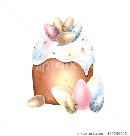 Watercolor Easter tradition cake, small and large eggs. Quail eggs on top of kulich icing in pastel colors. Symbol of religion spring celebration, Renewal. Delicate hand drawn isolated Illustration 135536035