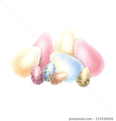 Watercolor composition Easter eggs in pastel colors. Painted chicken and quail eggs. Traditional religious holiday symbol. Colorful eggs isolated hand drawn illustration for spring celebration Watercolor composition Easter eggs in pastel colors. Painted chicken and quail eggs. Traditional religious holiday symbol. Colorful eggs isolated hand drawn illustration for spring celebration 135536036