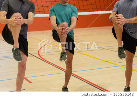 Diverse male athletes stretching high knees toward chest on court under volleyball net Diverse male athletes stretching high knees toward chest on court under volleyball net 135536148