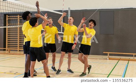 Diverse male teammates giving high-fives at volleyball net on gym court with wall bars Diverse male teammates giving high-fives at volleyball net on gym court with wall bars 135536275