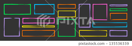 Rectangle photo frame with color brush strokes and rough edges. Color photo rectangle, box border. Hand drawn brush stroke texture stamp shape set with rough edge effect. Vector 135536339
