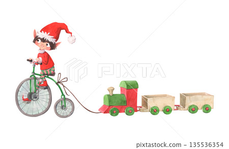 A watercolor illustration of a cheerful Christmas elf on a bicycle and a toy train 135536354