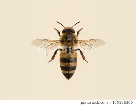 Macro Shot of a Honeybee Centered on a Minimalist Beige Background, Symmetrical Top View of Detailed Bee with Transparent Wings, Clean Nature Composition for Graphic Design and Commercial Use. 135536366