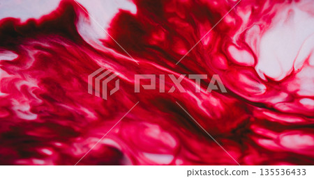 Dye stream blur. Acrylic spill. Red vivid paint mixing color liquid. Art pigment drop splash leak on white abstract swirl background. Dye stream blur. Acrylic spill. Red vivid paint mixing color liquid. Art pigment drop splash leak on white abstract swirl background. 135536433