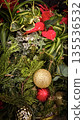 festive arrangement of glittering colorful Christmas ornament balls nestled in lush evergreen branches, creating a warm, celebratory mood perfect for holiday decor and seasonal stock photography 135536532