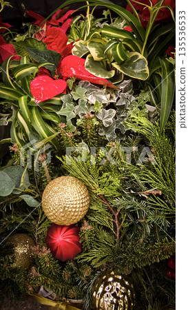 festive arrangement of glittering colorful Christmas ornament balls nestled in lush evergreen branches, creating a warm, celebratory mood perfect for holiday decor and seasonal stock photography festive arrangement of glittering colorful Christmas ornament balls nestled in lush evergreen branches, creating a warm, celebratory mood perfect for holiday decor and seasonal stock photography 135536533