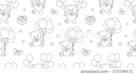 Seamless pattern with cute teddy bear with balloons, hand drawn childish illustrations isolated on white background Seamless pattern with cute teddy bear with balloons, hand drawn childish illustrations isolated on white background 135536572