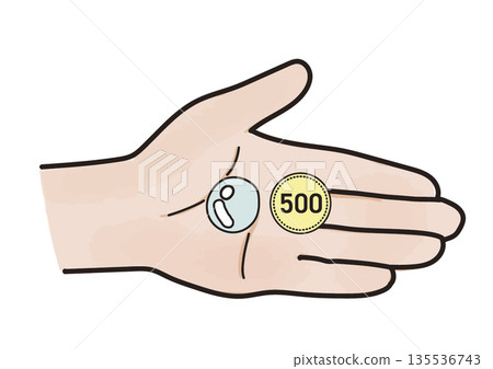 Illustration of the left palm holding a transparent medicine and a 500 yen coin Illustration of the left palm holding a transparent medicine and a 500 yen coin 135536743