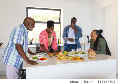 Family enjoying laughter and conversation while preparing meal in modern kitchen Family enjoying laughter and conversation while preparing meal in modern kitchen 135537105