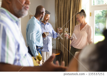 Seniors celebrating at home, enjoying wine and conversation with friends Seniors celebrating at home, enjoying wine and conversation with friends 135537251