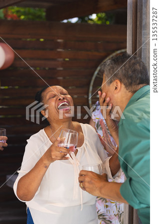 Seniors laughing while drinking at lively outdoor celebration with friends Seniors laughing while drinking at lively outdoor celebration with friends 135537287