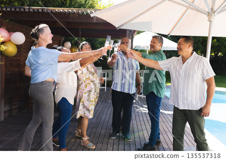 Seniors celebrating outdoors, raising glasses in joyful toast by poolside 135537318