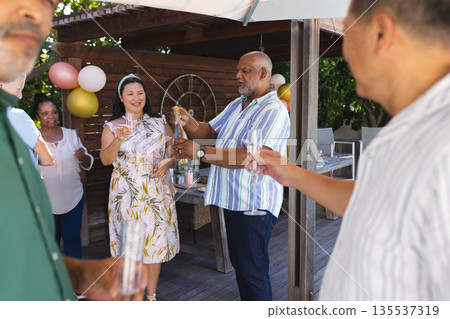 Celebrating outdoors, seniors raising glasses in festive gathering with friends Celebrating outdoors, seniors raising glasses in festive gathering with friends 135537319