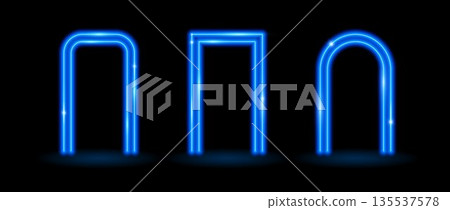 Glow neon rectangle and arch frames. Blue shining flare borders. Glowing portal doors concept. Futuristic rectangular and curved arc border. Vector illuminated elements for poster, banner, brochure 135537578