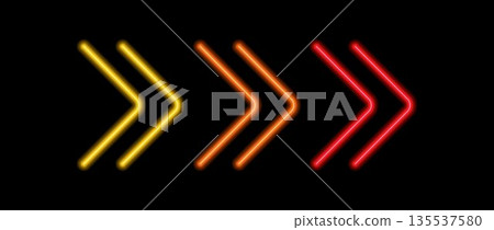 Yellow, orange and red neon arrow element. Glowing led direction sign. Shine tube lamps in arrowhead shape. Bright luminous fluorescent pointer effect for banner, poster, logo. Vector neon led lights 135537580