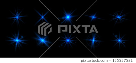 Blue glowing sparkling set. Magical stars, twinkles and sparks glowing pack. Shining light flare effect collection. Starlight rays radiance sun elements. Navy beam or cold star bursts bundle. Vector 135537581