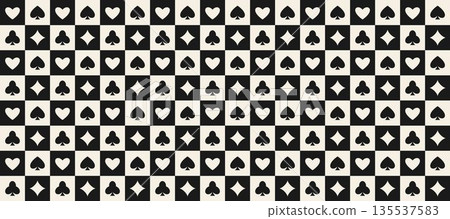 Seamless playing cards pattern. Vintage repeating spades, hearts, diamonds, clubs symbols background. Retro poker or casino table theme wallpaper. Repeated Vegas gambling concept texture. Vector Seamless playing cards pattern. Vintage repeating spades, hearts, diamonds, clubs symbols background. Retro poker or casino table theme wallpaper. Repeated Vegas gambling concept texture. Vector 135537583
