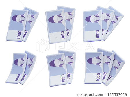 Pile of South Korean 1000 Won Banknotes 3D Render 135537629