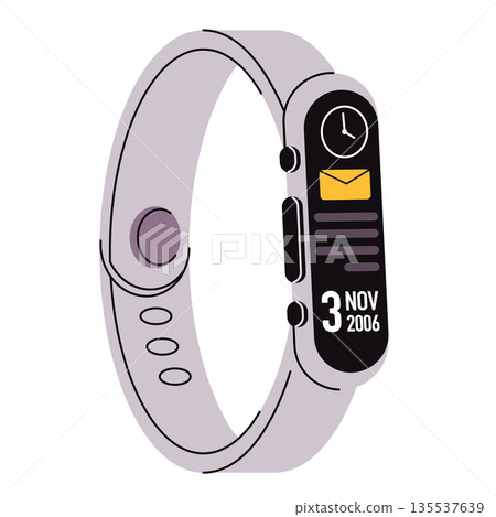 smart fitness tracker band vector illustration displaying message notification icon and date on vertical screen wearable electronic gadget smart fitness tracker band vector illustration displaying message notification icon and date on vertical screen wearable electronic gadget 135537639
