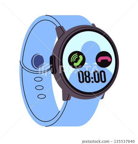Blue round smart watch vector illustration incoming call screen with accept and reject buttons digital time display modern wearable technology device flat design style gadget 135537640