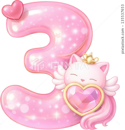 A fantasy pink number 3 with a cute cat and sparkling gem heart 135537653