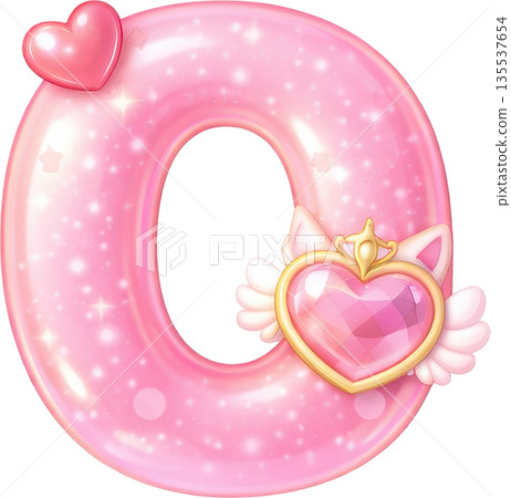 A glossy pink letter O adorned with magical hearts and glitter 135537654