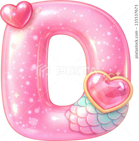 Glossy pink decorative letter D adorned with sparkling hearts and fantasy elements 135537673