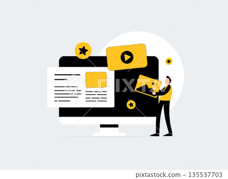 Content creation marketer holds video photo cards from computer screen with play button stars. Digital marketing strategy engagement production content success technology concept vector illustration 135537703