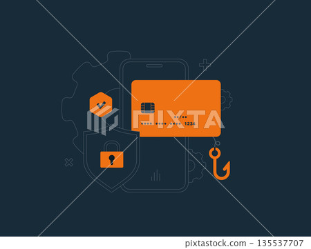 Credit card fraud protection - mobile banking with phishing hook shield lock gears checkmark symbolizing cybersecurity scam prevention technology safety digital finance concept vector illustration Credit card fraud protection - mobile banking with phishing hook shield lock gears checkmark symbolizing cybersecurity scam prevention technology safety digital finance concept vector illustration 135537707