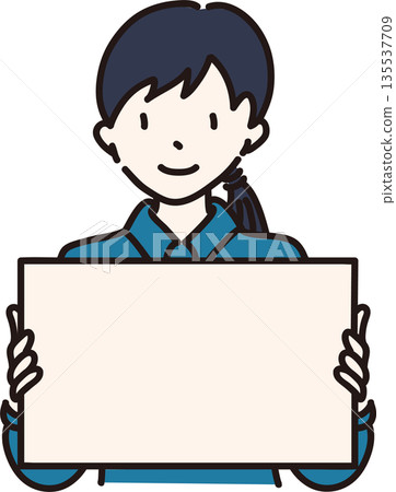 Illustration of a woman holding a frame in a blue uniform 135537709