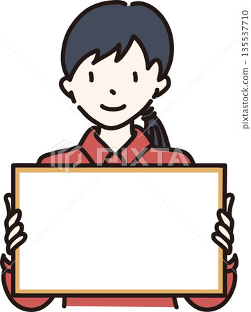 Illustration of a woman holding a frame in a red uniform 135537710