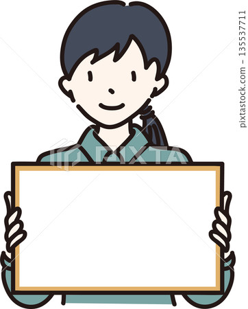 Illustration of a woman holding a frame in a green uniform 135537711