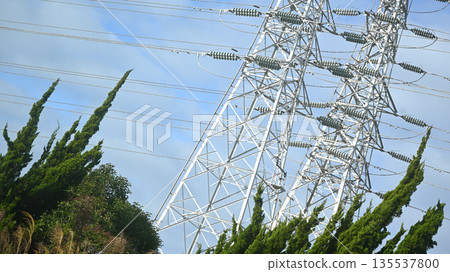 Clear sky and electricity transmission tower 135537800