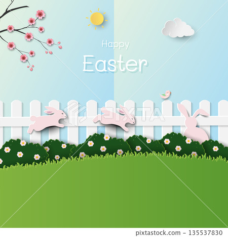 Easter nature background with cute cartoon rabbits on beautiful garden for greeting card,banners,flyers,social media or wallpaper Easter nature background with cute cartoon rabbits on beautiful garden for greeting card,banners,flyers,social media or wallpaper 135537830